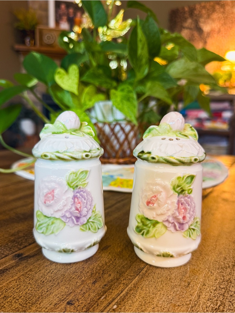 Floral Porcelain Salt and Pepper Shakers - White with Pink & Lavender Roses